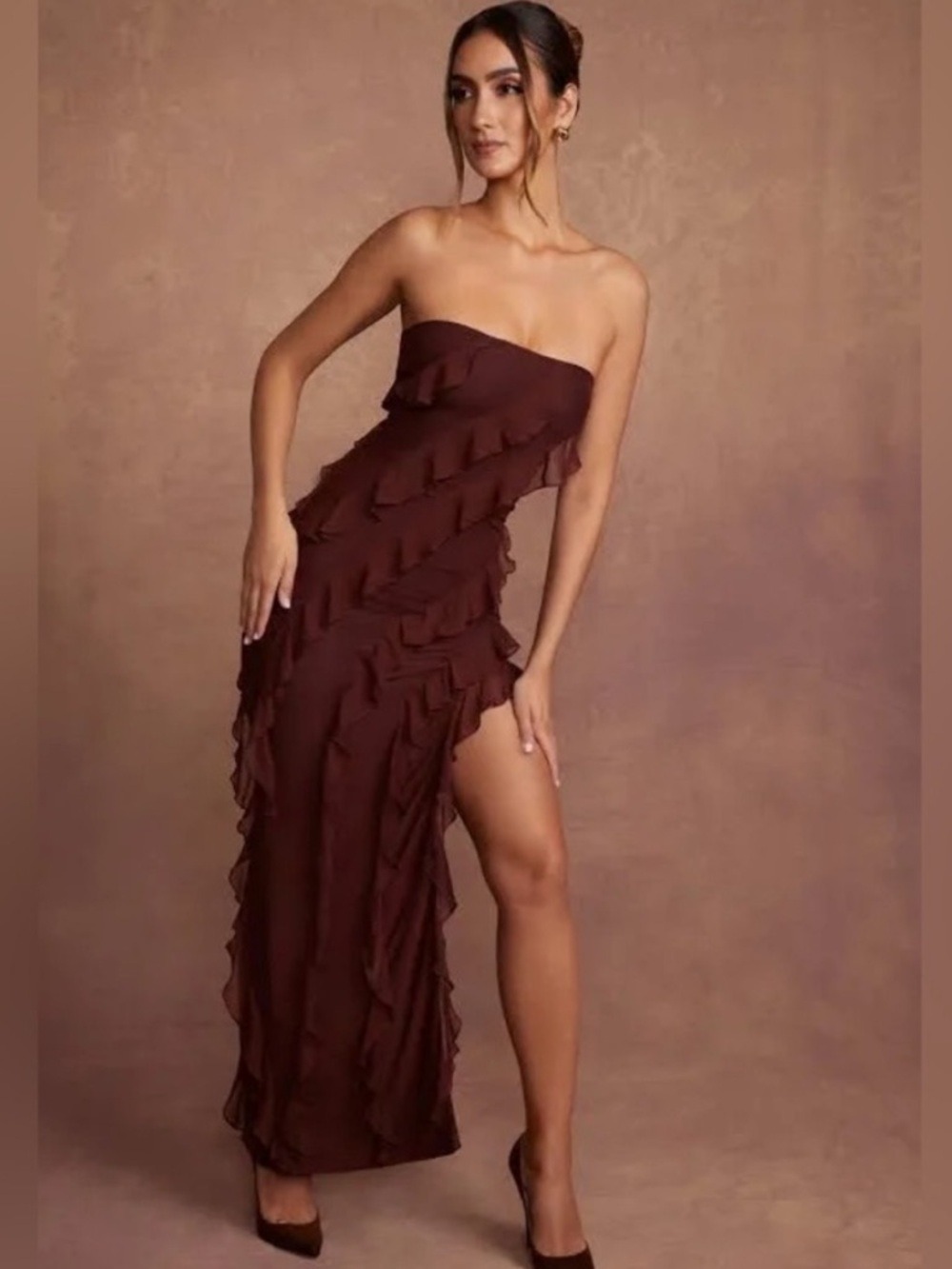Oh Polly Nevali Bandeau Ruffle Detail Maxi Dress in Brown - Picture 1 of 15